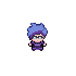 A sprite edit of the Scientist from Pokemon Platinum, changed to have messy light blue hair with a darker purple streak in the front. Their coat is dark purple, with four blue buttons in the front. They have lighter purple boots on that match the collar and belt of the coat.