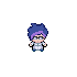 A sprite edit of the Scientist from Pokemon Platinum, changed to have messy dark blue hair with a lighter purple streak in the front. They're also wearing a dusty pink shirt under their lab coat, and dark purple pants with dark blue shoes.