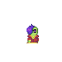 A sprite edit from Idle Apocalypse of a green alien with purple hair, square glasses, and red cultist robes.